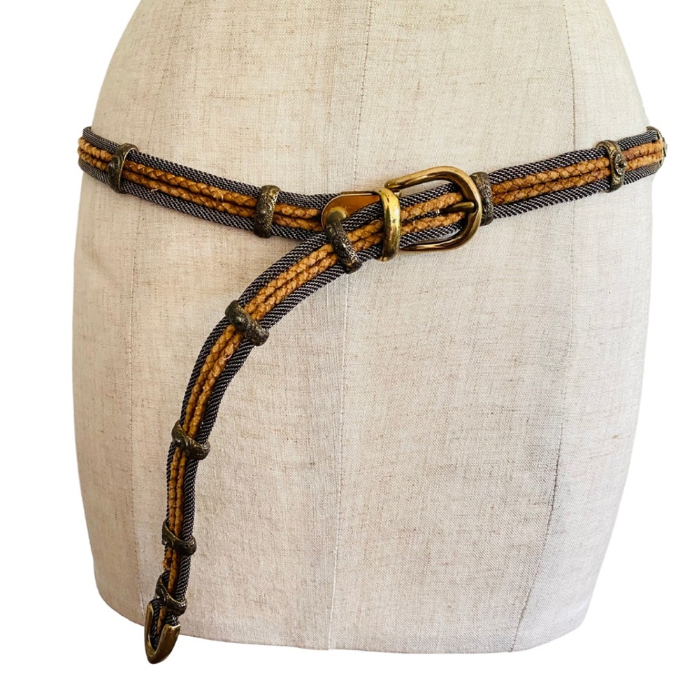 Vintage 90s Firenze Italian Leather Wide Woven Braided Brass Silver Mesh Size XL